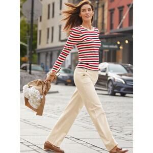 Talbots Puff Sleeve Sweater Size Large French Stripe Rib Knit Crewneck Preppy